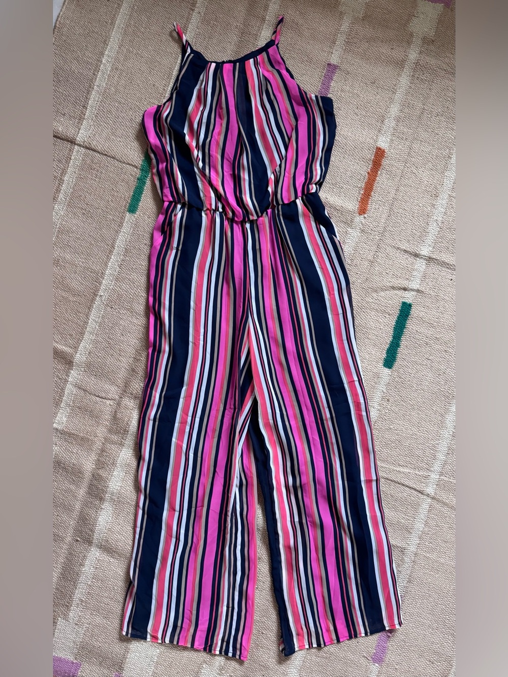 Navy, Hot Pink & Coral Striped Jumpsuit